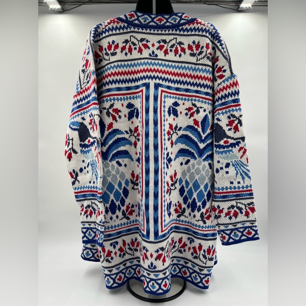 Natural Nga Blue Red Pineapple Intarsia Knit‎ Longline Cardigan Sweater M NWT - Picture 8 of 8
